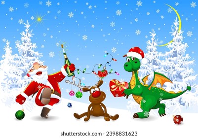 Santa, deer, and dragon celebrate Christmas in the winter forest. Winter snowy night on Christmas Eve.


