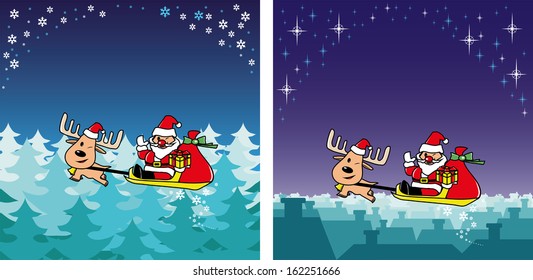 Santa and deer fly over the pine forest and village vector