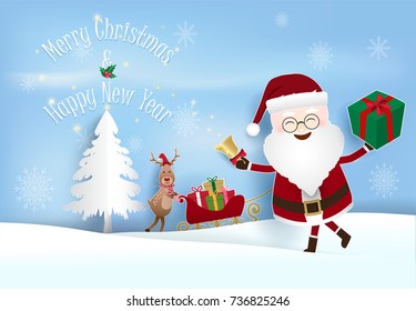 Santa and Deer with gift boxes, Christmas and Happy New year holiday season background paper art style