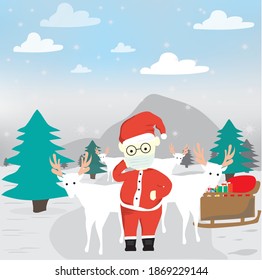 santa with deer and gift chrismas on the train, illustration santa with mask  ready to distribution gift in the season chrismas pandemic covid 19