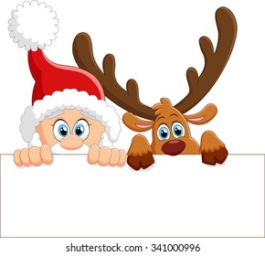 santa and deer holding blank sign