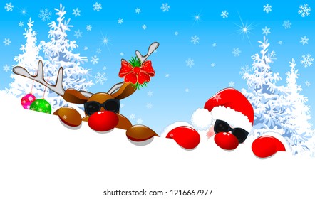 Santa and a deer are lying in the snow against the backdrop of a winter forest. Santa and a deer with a red nose. 
