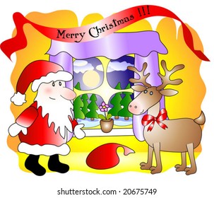 Santa and deer near the window