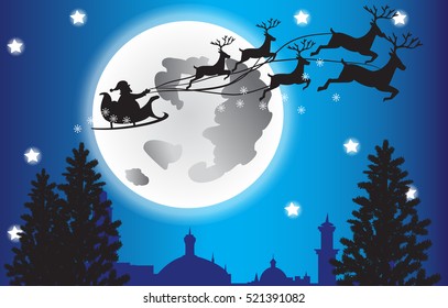 Santa with deer on the background of the month. Vector illustration.
