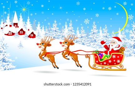 Santa and deer on background village and winter forest. Santa Claus on his sleigh, harnessed by deer. Santa Claus with gifts on his sleigh. 
                                                          