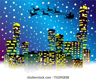 Santa with deer over the city .Vector illustration