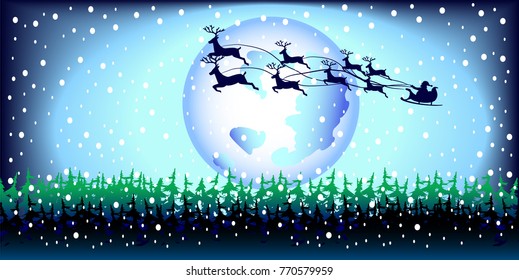 Santa with deer over the forest. 2018 new year with falling snowflakes. Vector illustration