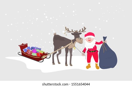 Santa with a deer, sledding and gifts. Vector illustration.