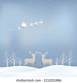 Santa and Deer with sleigh Christmas season background paper art style illustration, greeting card