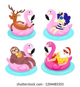 Santa, deer, sloth, unicorn with flamingo inflatable ring. Tropical Christmas. Vector illustration.