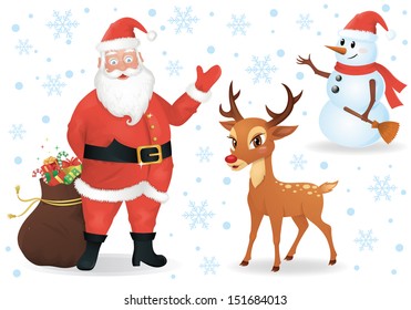 Santa, a deer and a snowman isolated on white.