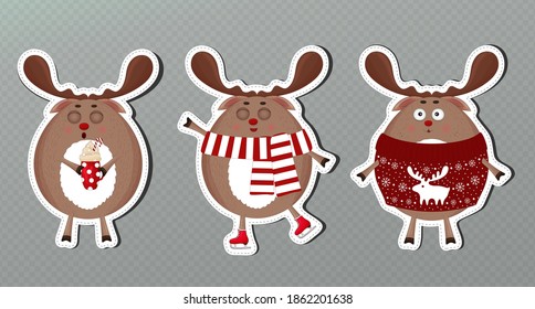 
Santa deer stickers collection. Cute  Christmas deers with hot chocolate mug, candy cane. Santa's deers in ugly sweater stickers set. Funny cartoon reindeer red nose skates, hot winter drink.