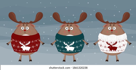 Santa deer in ugly christmas sweater collection. Cute cartoon Christmas deer. Reindeer red nose, invitation card, winter landscape, Christmas character, deer symbol,silhouette, icons. Funny polar deer