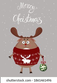 Santa deer in ugly christmas sweater. Funny reindeer holding mistletoe branch. Cartoon Christmas deer greeting card. Reindeer red nose, invitation card, winter landscape, christmas holiday character. 