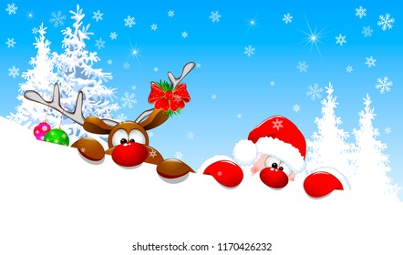 Santa and deer in winter, against the background of snow-covered fir trees. Santa and a deer with a red nose. 