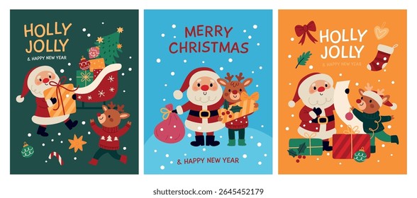 Papai Noel com cartas de cervo. Saudações de ano novo, personagens de Natal engraçados, presentes de férias, animais bonitos em suéteres tricotados, renas engraçadas no trenó, cartazes isolados do desenho animado conjunto de vetor de garish