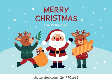 Santa with deers holiday poster. Christmas greeting card, funny cartoon characters, happy mascots with new year gifts, reindeer winter holidays celebration banner garish vector concept
