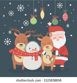 santa deers snowman balls decoration snowflakes celebration merry christmas poster vector illustration