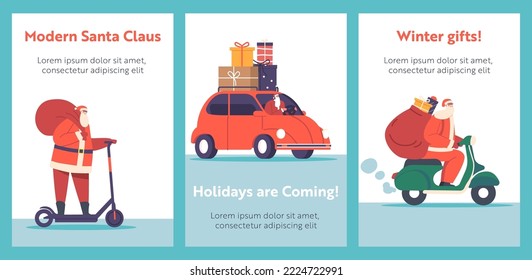 Santa Deliver Gifts on Different Transport Modes Cartoon Banners. Noel Character Driving by Scooter, Bike, Car, Truck and Car Bringing Present to Children for Christmas. Vector Illustration, Posters