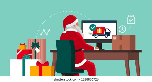 Santa delivering Christmas gifts online using a delivery service, he is sitting at desk and connecting with his computer