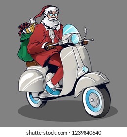 Santa is delivering gifts to drive a classic motorbike