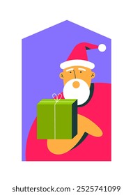 Santa delivering presents from home with delivery service. Claus with giftbox. Flat vector illustration in cartoon style.