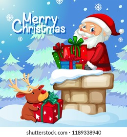 Santa delivery gift through chimney illustration