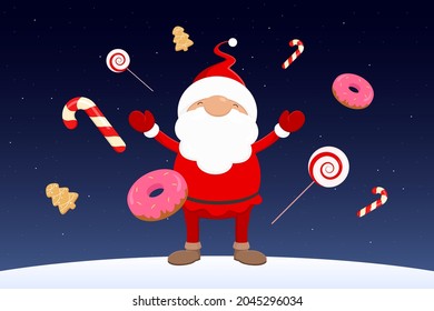 Weihnachtsmann mit verschiedenen Süßigkeiten. Vektorgrafik.