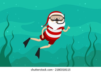 Santa diving with mask and flippers. Vector illustration.