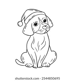 Santa Dog. Black and white hand drawn portrait. Cute dog face in line. Dog head with santa hat. Outlline. christmas card.