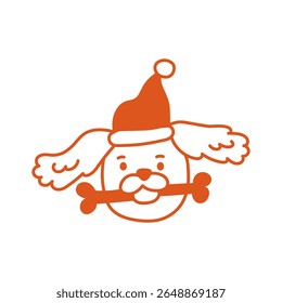 Santa Dog with Bone in Mouth. Smiling puppy in red hat holding a food. Fun Pet Christmas holiday designs in doodle style. Vector illustration