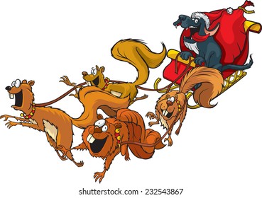 Santa Dog Cartoon Santa Dog with a squirrel sled team. Layered vector file.