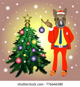 Santa Dog Standing Next to the Christmas Tree. Vector illustration