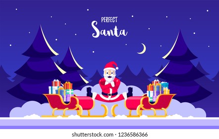 Santa doing splits on two sledges filled with gift boxes. Humorous greeting card for Christmas celebration. Flat style illustration.