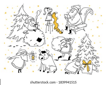 Santa doodles. Christmas doodle stories set hand drawn. Vector stock illustration black contour on white isolated background. Merry christmas collection with santa, bull, child.