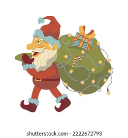 Santa arrastra una bolsa muy grande con regalos de navidad de año nuevo personaje vectorial