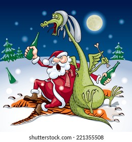 Santa and the dragon drink sitting on a tiger skin and eating a rabbit. Eps8. CMYK. Global colors. Gradients used.