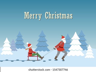 Santa draws sled in a snowy winter landscape. Vector Illustration