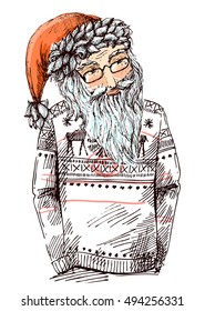 Santa dressed in knitted sweater. Vector illustration for greeting card, poster, or print on clothes. Fashion Style drawing. Hipster.