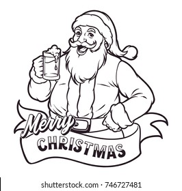 Santa Drink Beer on Happy Christmas Night Black and White Hand Drawing Style