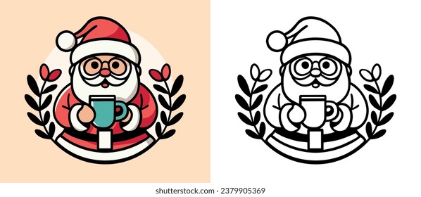 Santa drinking coffee illustration. Cute Santa Claus holding a mug. Holiday season aesthetic drawing for coffee lovers, barista and coffee shops. Minimalist flat design vector for print products.