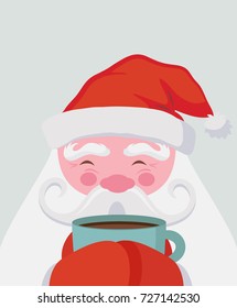 Santa drinking a hot drink at winter scenery. Vector christmas illustration