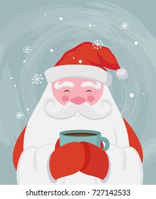 Santa drinking a hot drink at winter scenary. Vector christmas illustration