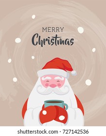 Santa drinking a hot drink at winter scenary. Vector christmas illustration