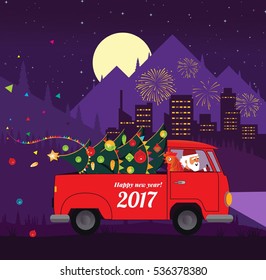 Santa drive car with New year symbol rooster. Santa truck with christmas tree
