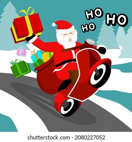 Santa drives a motorcycle to deliver Gifts to the children and everyone.