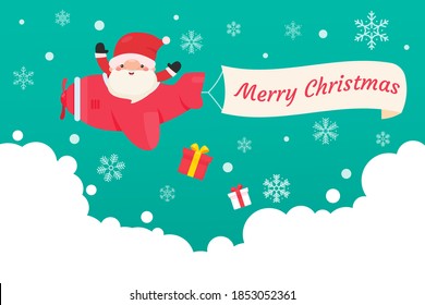 Santa drives a plane in the sky to give gifts to the kids in on a snowy Christmas winter.