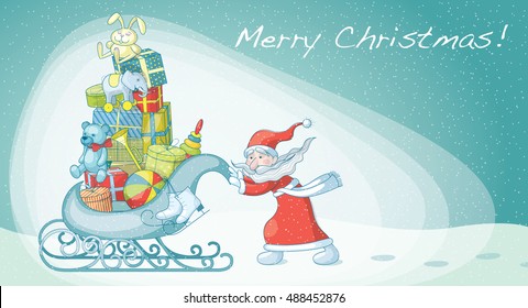 Santa drives sledge with presents in winter