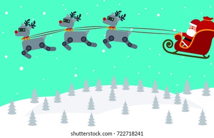 Santa driving his robot reindeer sleigh on winter night. Personal household robot futuristic concept illustration vector.
