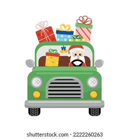 Santa is driving pickup with gifts. Santa Claus in car. Present. Flat, cartoon. Isolated vector illustration eps 10